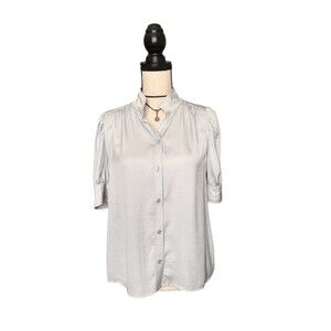 DKNY Jeans Pale Blue Button Front Blouse Size Medium Puff Sleeve Short Top